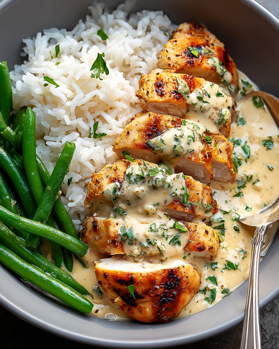 Poulet Crémeux aux Herbes avec Haricots Verts et Riz Vapeur