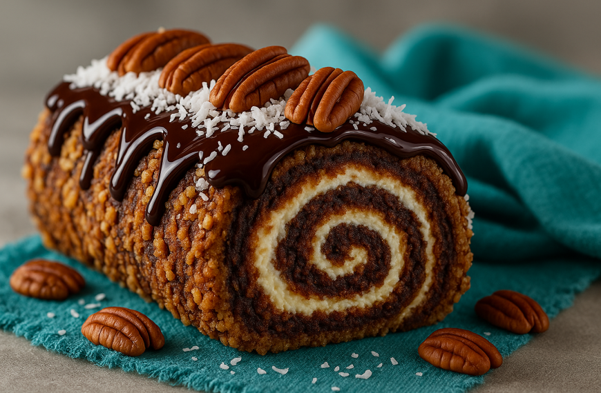 Roulé Décadent au Chocolat Allemand, Noix de Coco et Pacanes