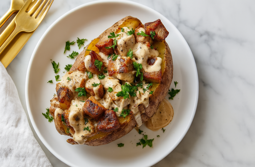 Pommes de Terre au Four Garnies avec Bouchées de Steak