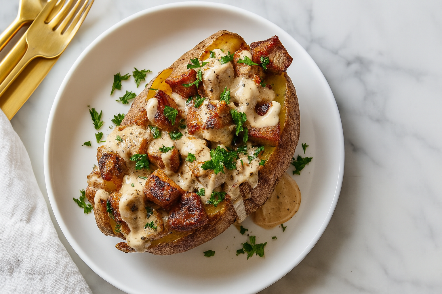 Pommes de Terre au Four Garnies avec Bouchées de Steak