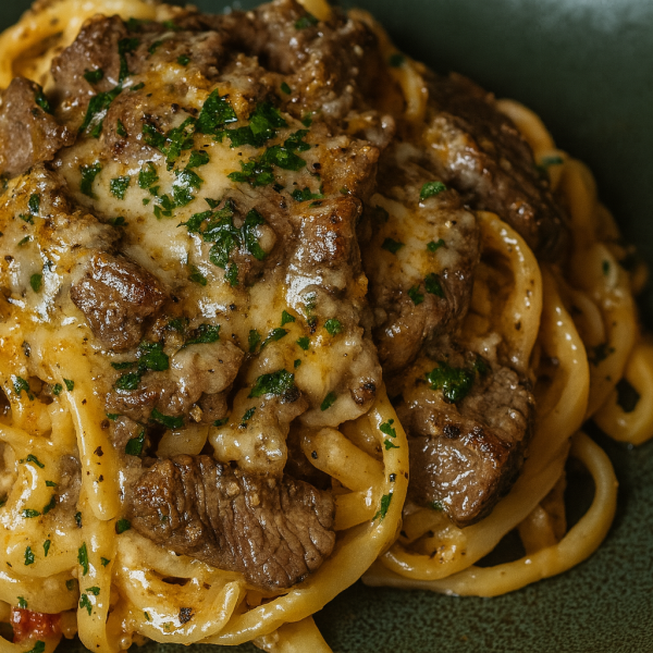 La Meilleure Recette de Linguine au Steak dans une Sauce Crème au Parmesan et Ail Rôti