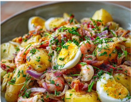 Salade de Pommes de Terre, Crevettes, Œufs Durs & Lardons